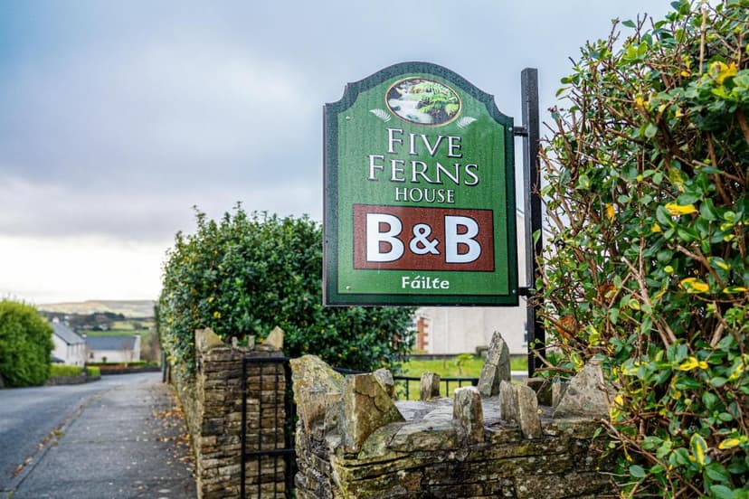 Five Ferns House B&B sign next to stone wall and green hedge on rural road.