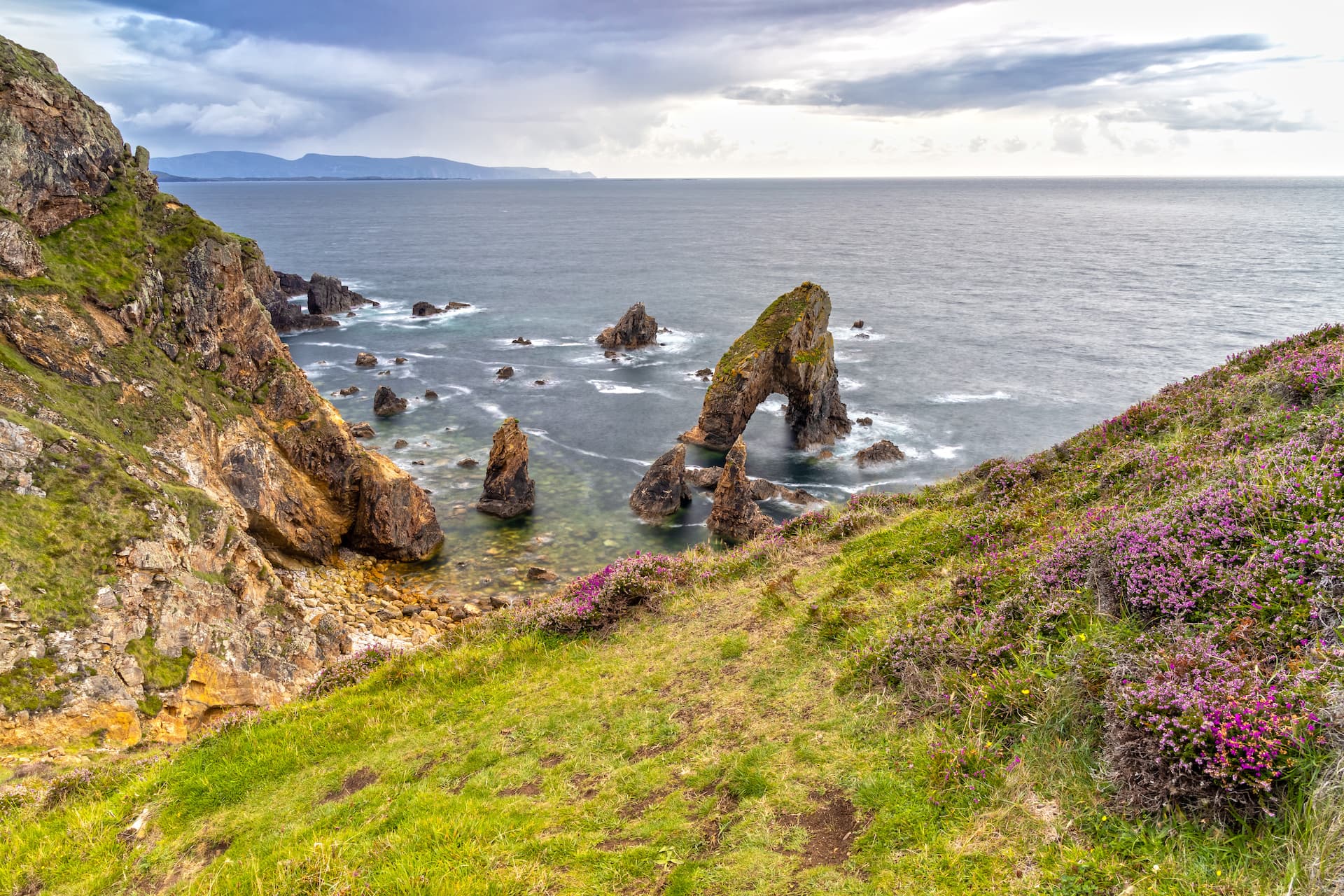 Coastal cliffs with green grass and purple heather overlooking sea stacks and arch rock formation.