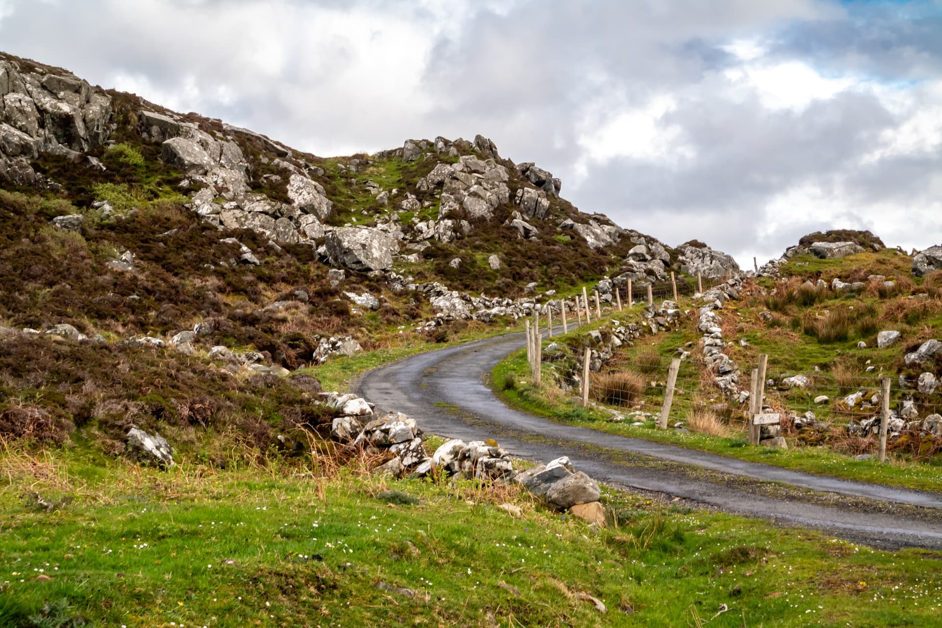 Winding country road through rocky, heather-covered hillside under cloudy sky