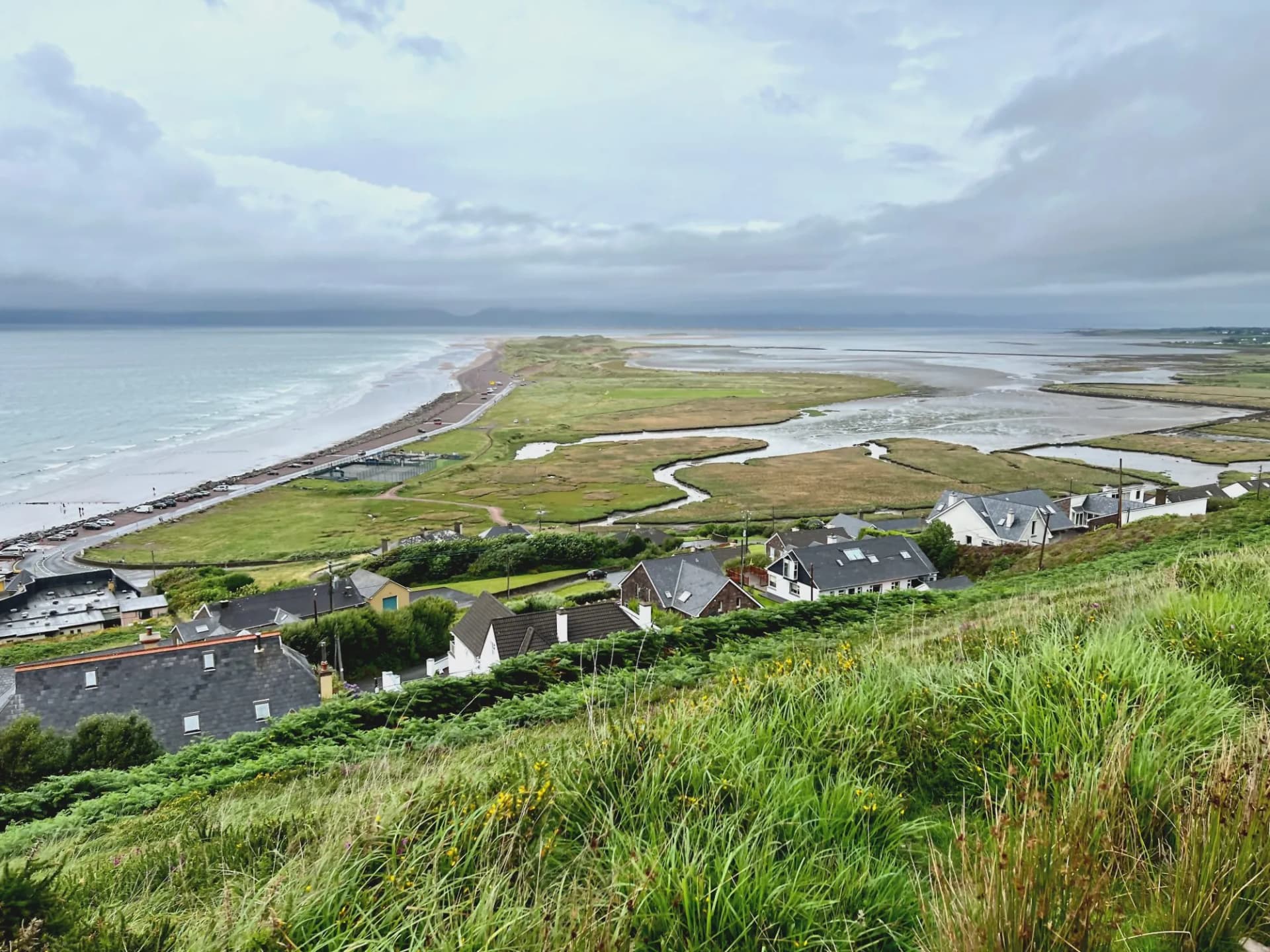 Rossbeigh Beach near Glenbeigh view with houses, marshland, and cloudy sky.