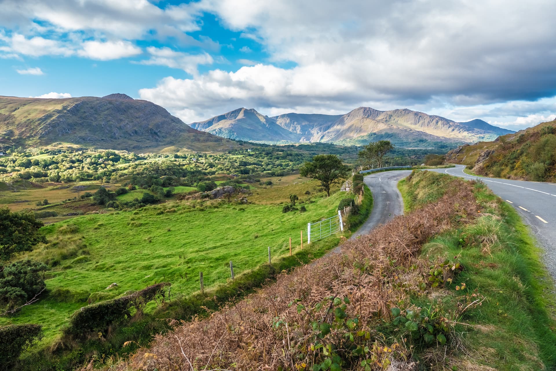 Winding road through green valley with mountains under cloudy sky, Beara Peninsula.