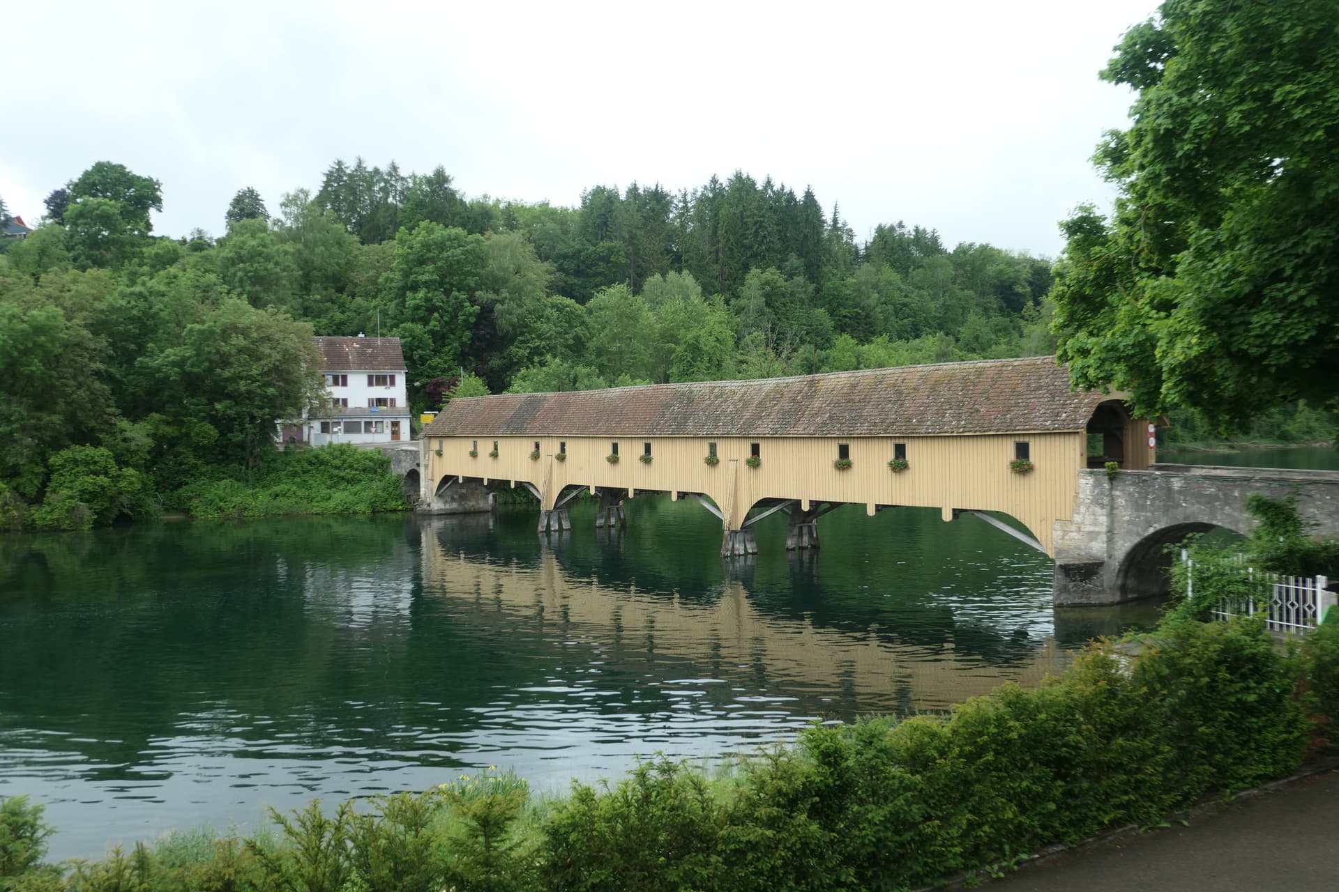 Covered wooden bridge over dark green water with lush forest background, Rheinau.