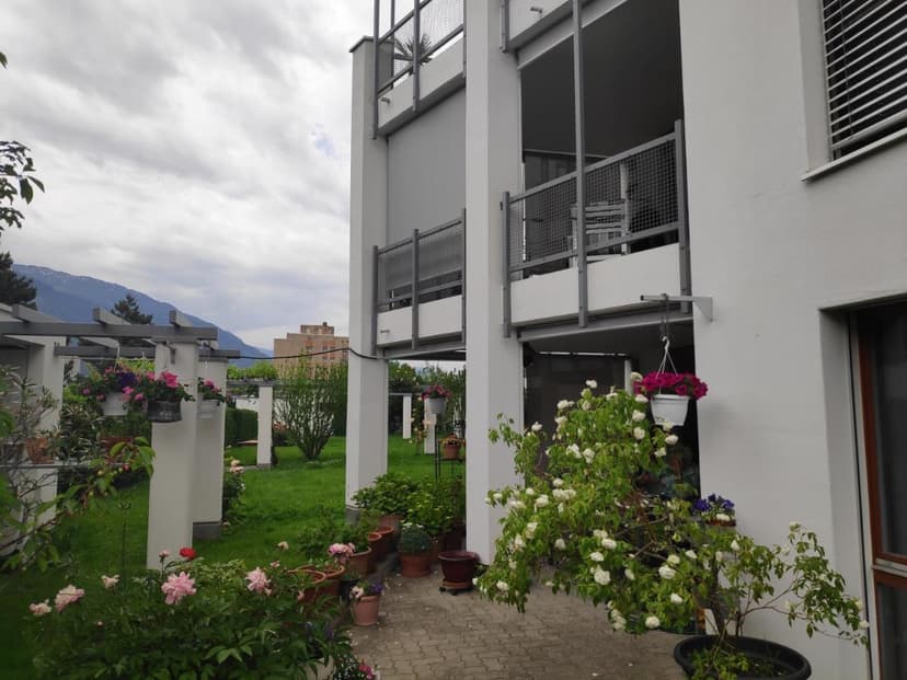 Garden patio with potted flowers outside a modern white building with balconies, mountains in background.
