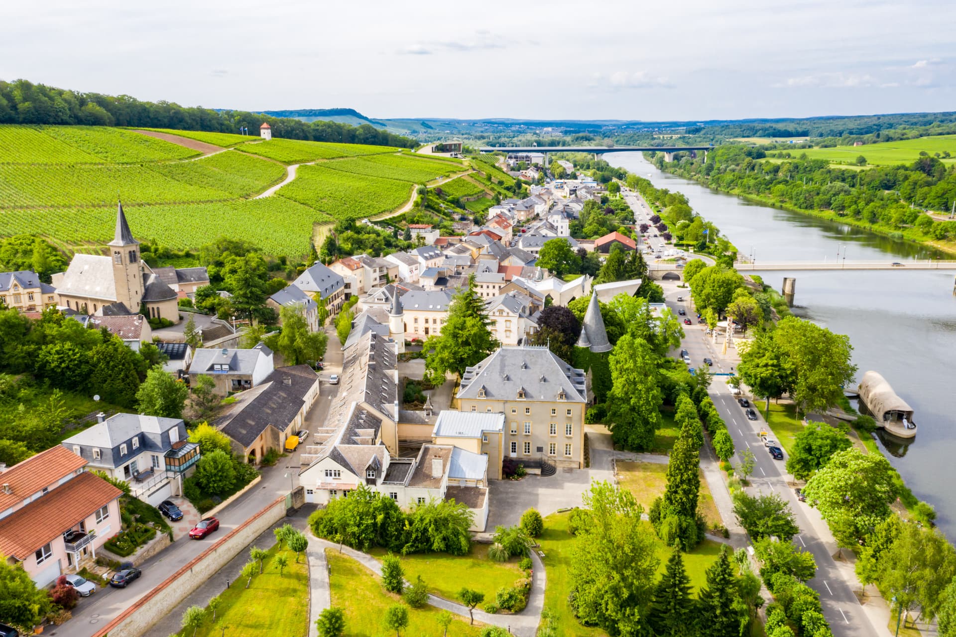 Aerial view of a European town with a church, vineyards, and a river crossed by a bridge.