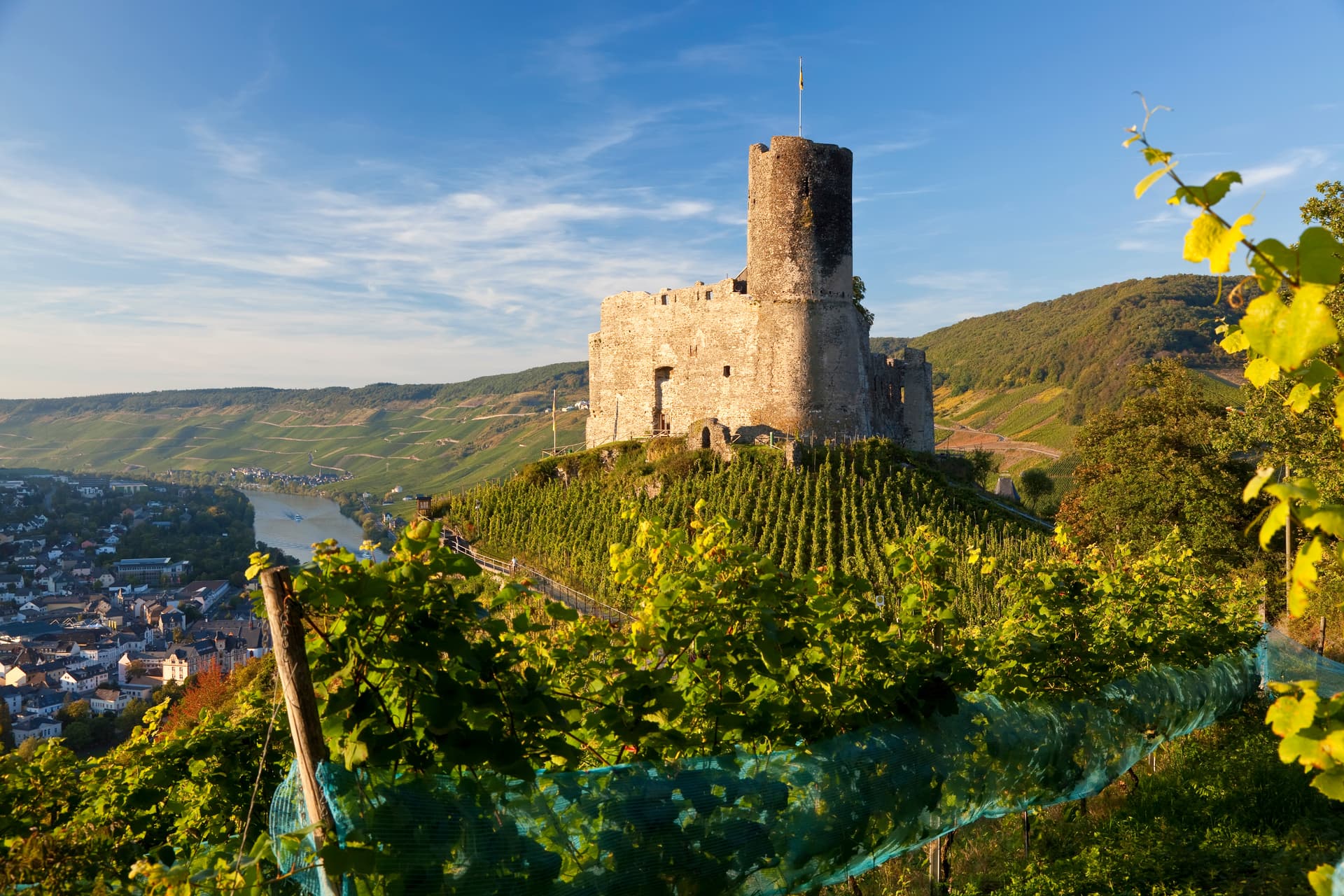 Ruinous stone castle overlooking terraced vineyards, river, and town below.