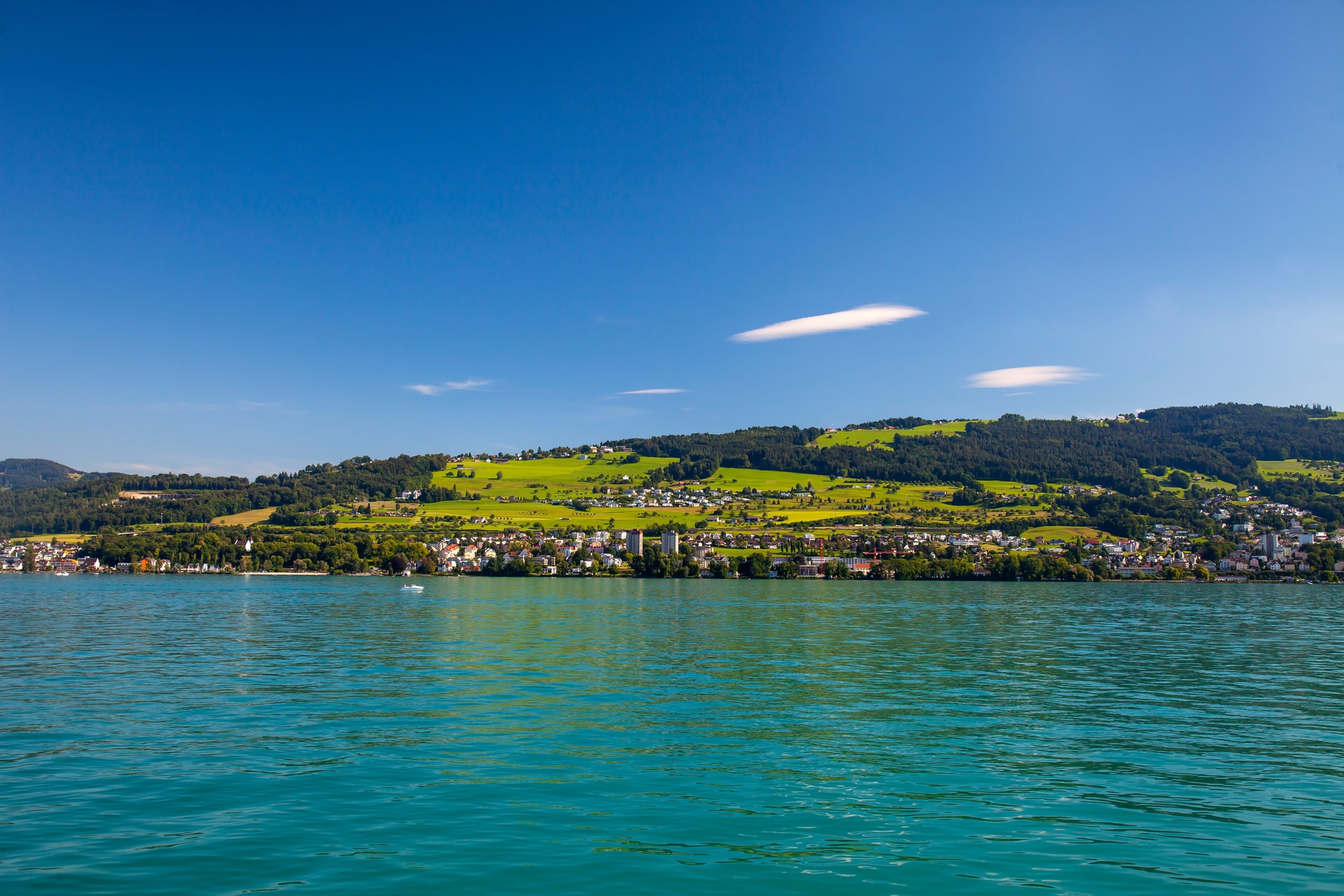 Town along turquoise Lake Constance with green hills under a bright blue sky, Switzerland.