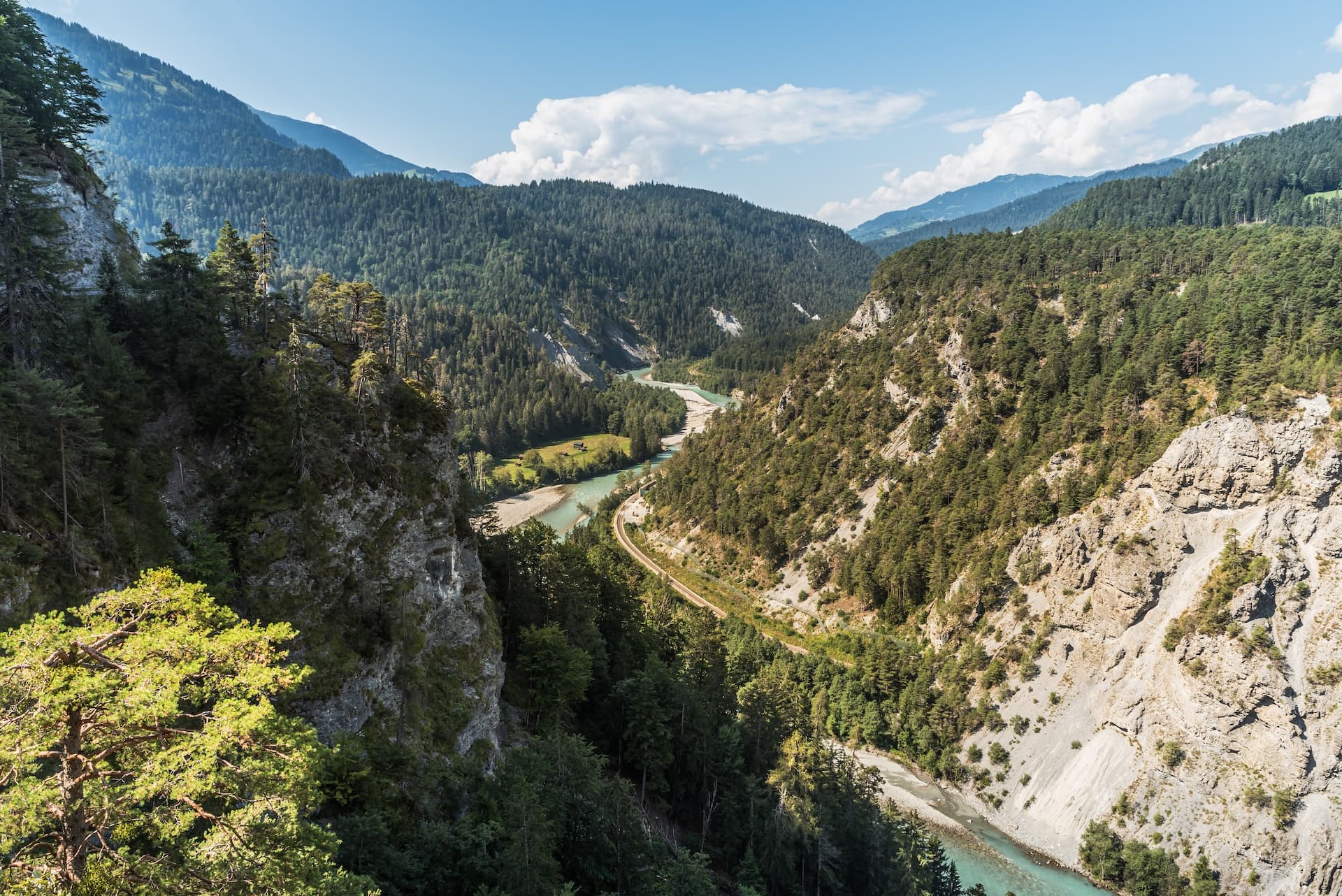 View into the Rhine Gorge, Ruinaulta, between Reichenau and Ilanz, with Anterior Rhine river and forest.