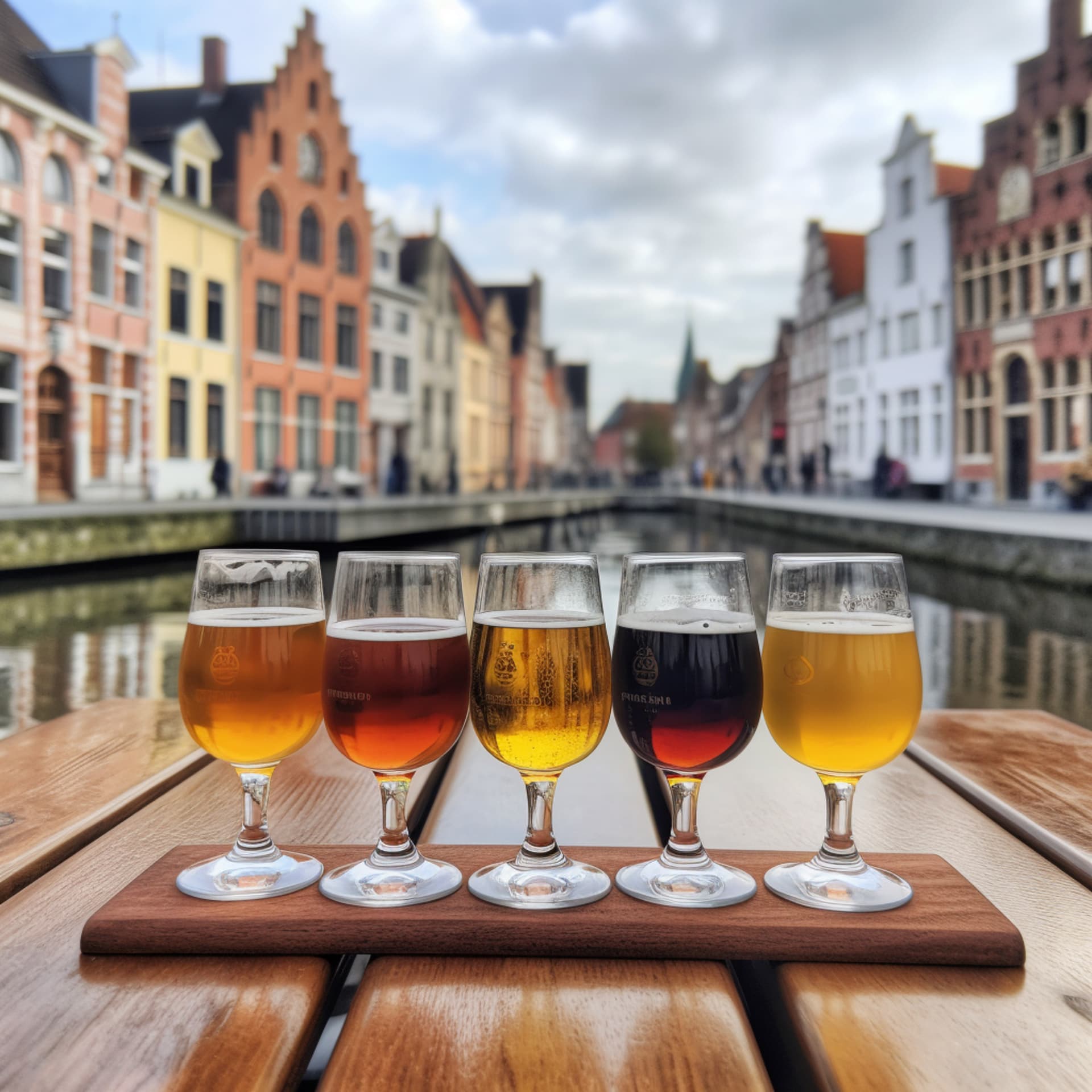 Five Belgian beer samples on a wooden board overlooking a canal and historic buildings.