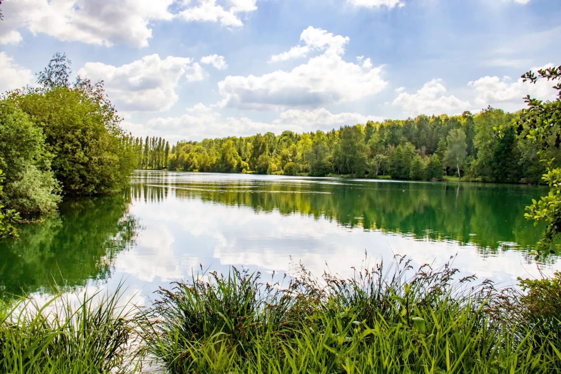 Calm green lake reflecting clouds and surrounded by lush forest in the Vallée de la Selle, Somme, Picardie.