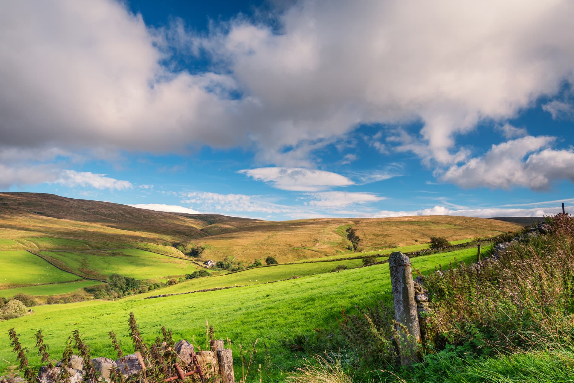 Rolling green and golden hills under a dramatic blue sky with white clouds, foreground stone wall.