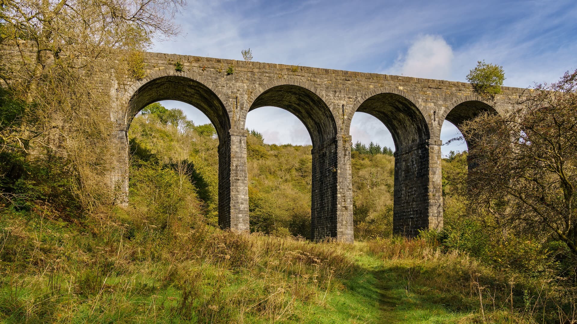 Stone viaduct with multiple arches crossing a grassy, wooded valley in Merthyr Tydfil.