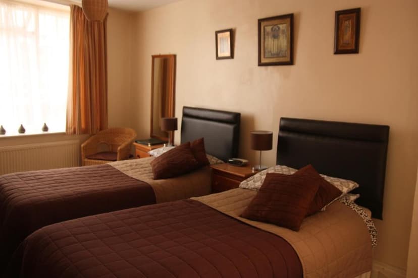 Twin bedroom in The Horseshoe Guesthouse with brown bedding and window light