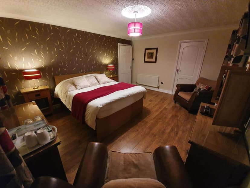 Bedroom in Craig-Eithin B&B with double bed, brown leaf wallpaper, and wood floor.