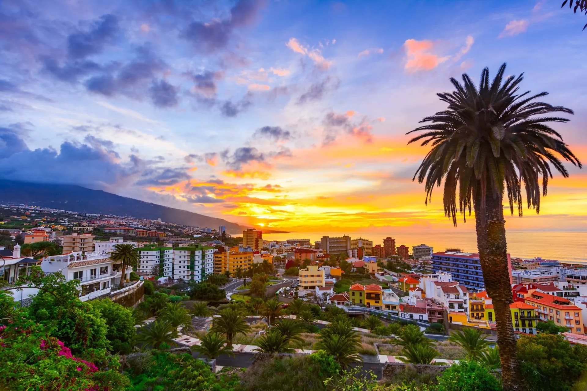 Puerto de la Cruz, Tenerife, Canary islands, Spain: Sceninc view over the city at the sunset time