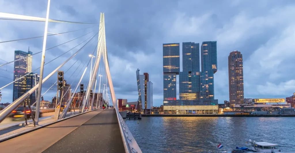 Cable-stayed bridge walkway overlooking illuminated skyscrapers and water in Rotterdam.