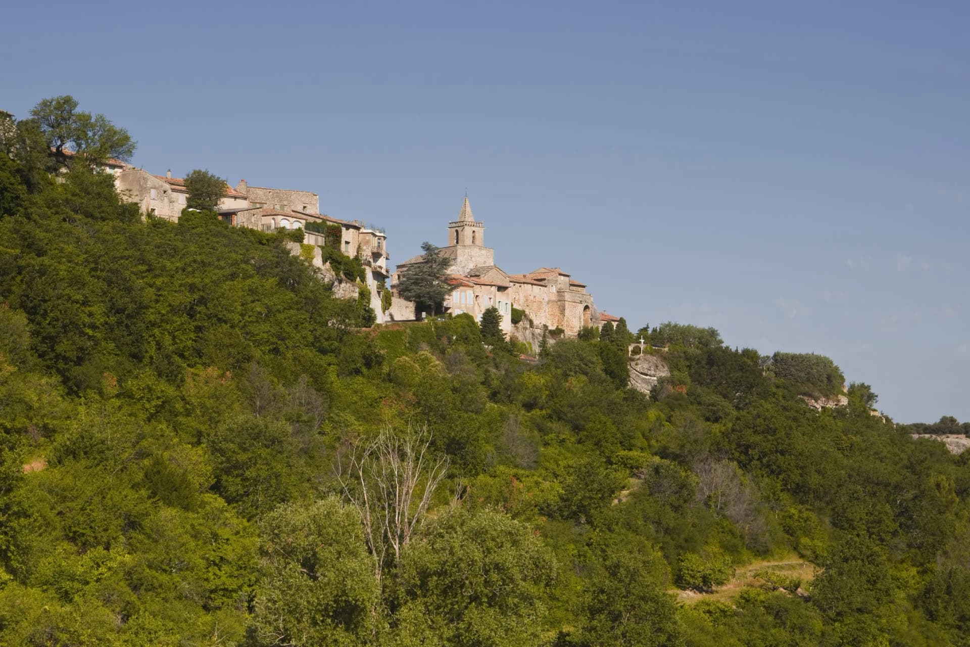 Hilltop village of Venasque in Provence perched above dense green hillside under a clear blue sky.
