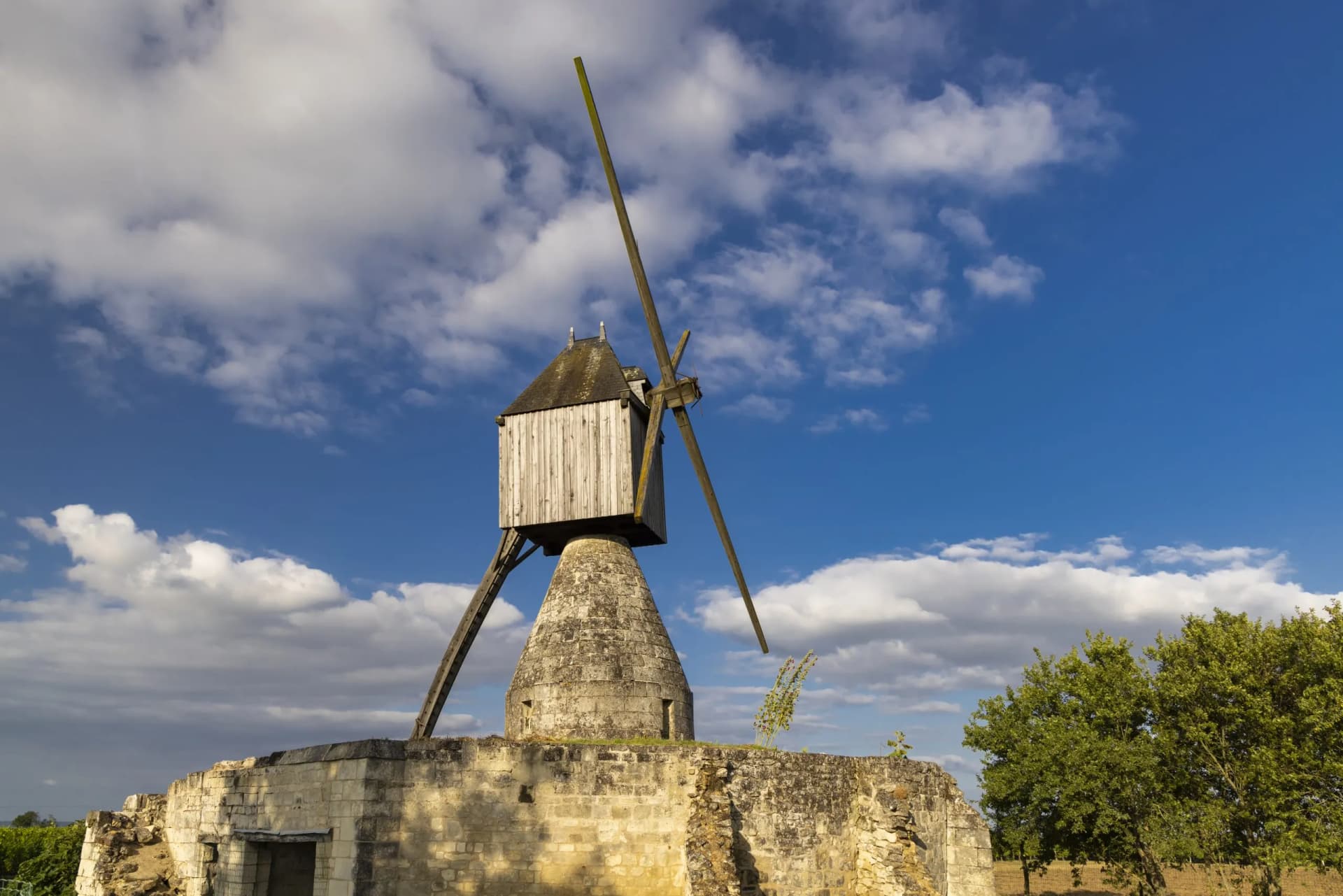 Windmill of La Tranchée with vineyard near Montsoreau, Pays de la Loire, France, under blue sky.