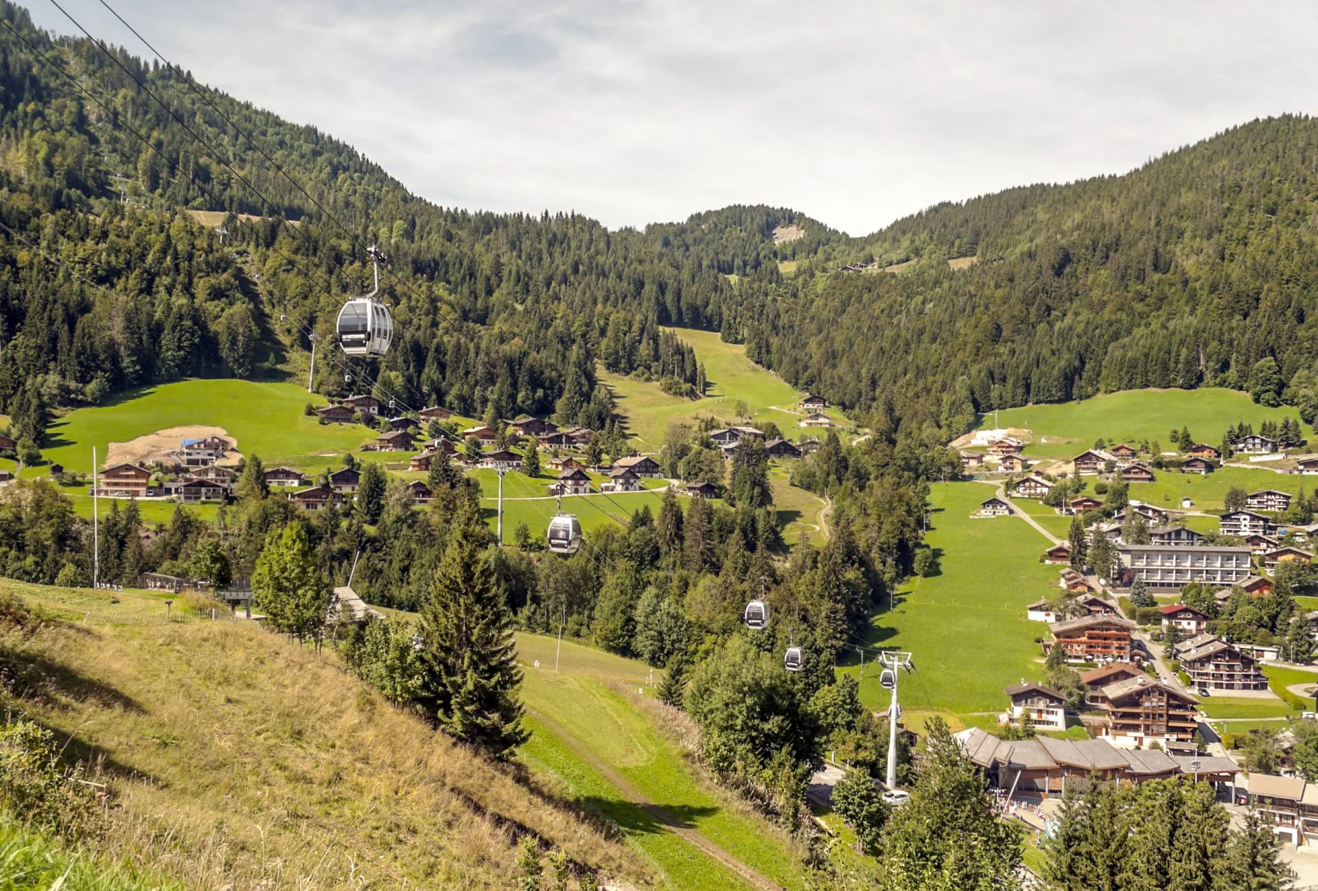 Cable cars ascending over an alpine village nestled in green mountainsides on a sunny day.