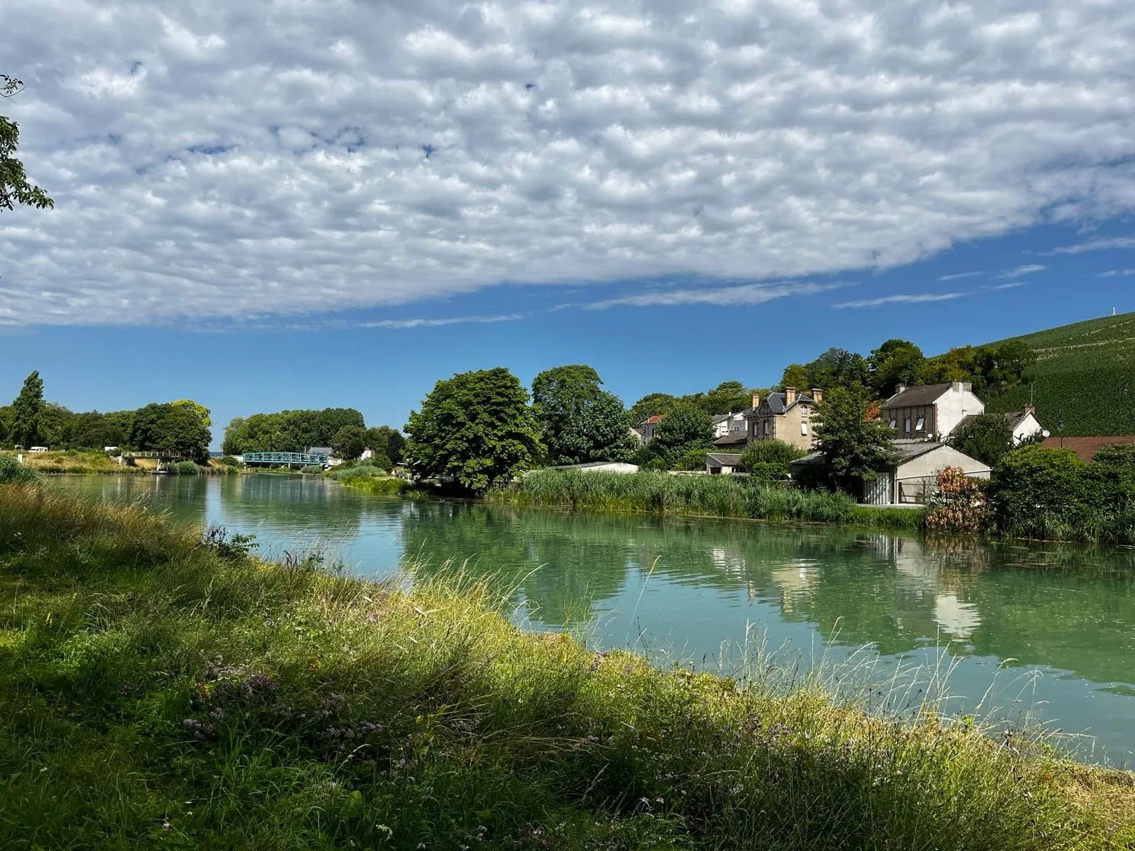 River scene with houses, green hillside vineyard, and cloudy blue sky in Chalons-en-Champagne
