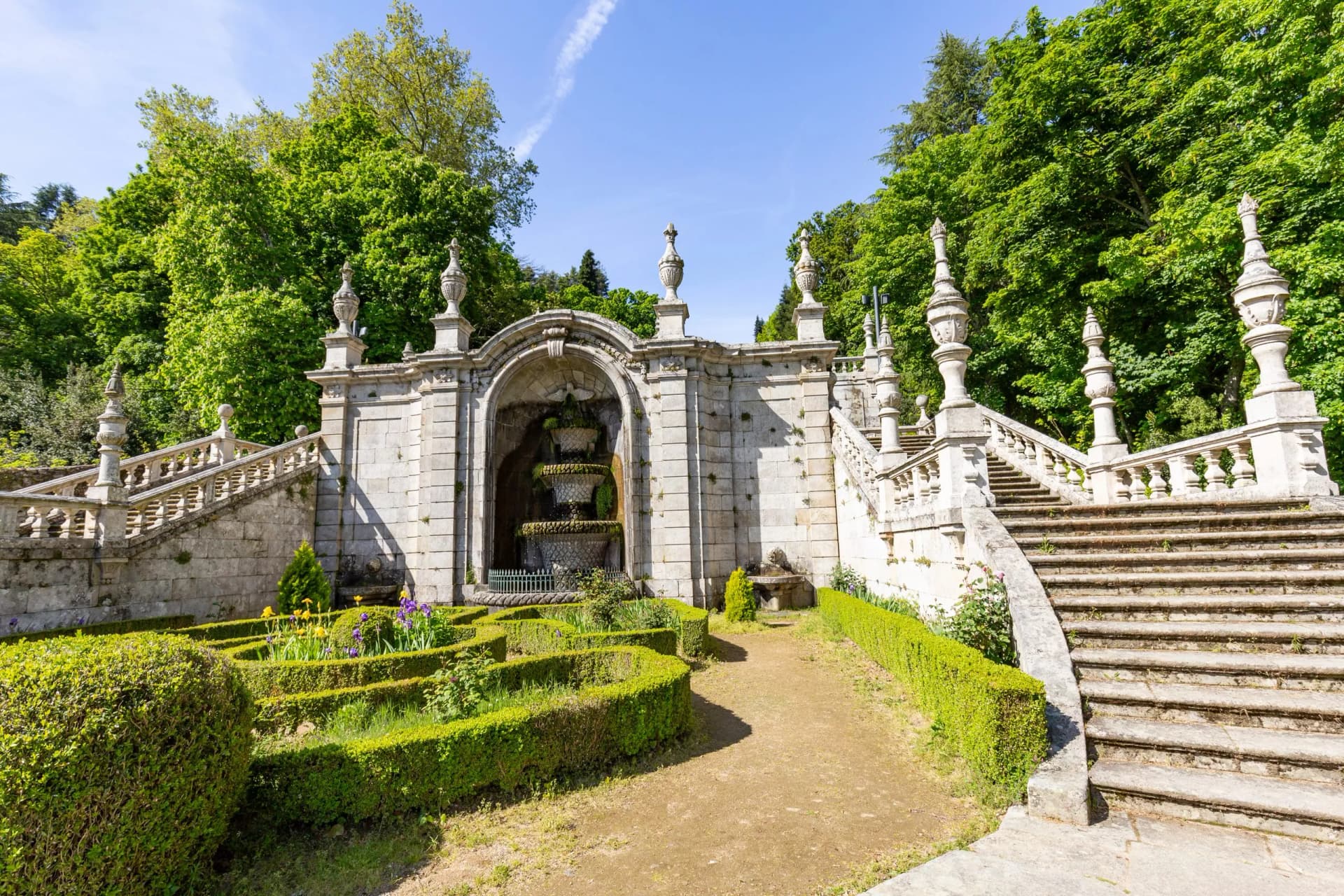 a monumental water fountain on the stairway to Our Lady of Remedies Sanctuary at Lamego city, district of Viseu, Portugal