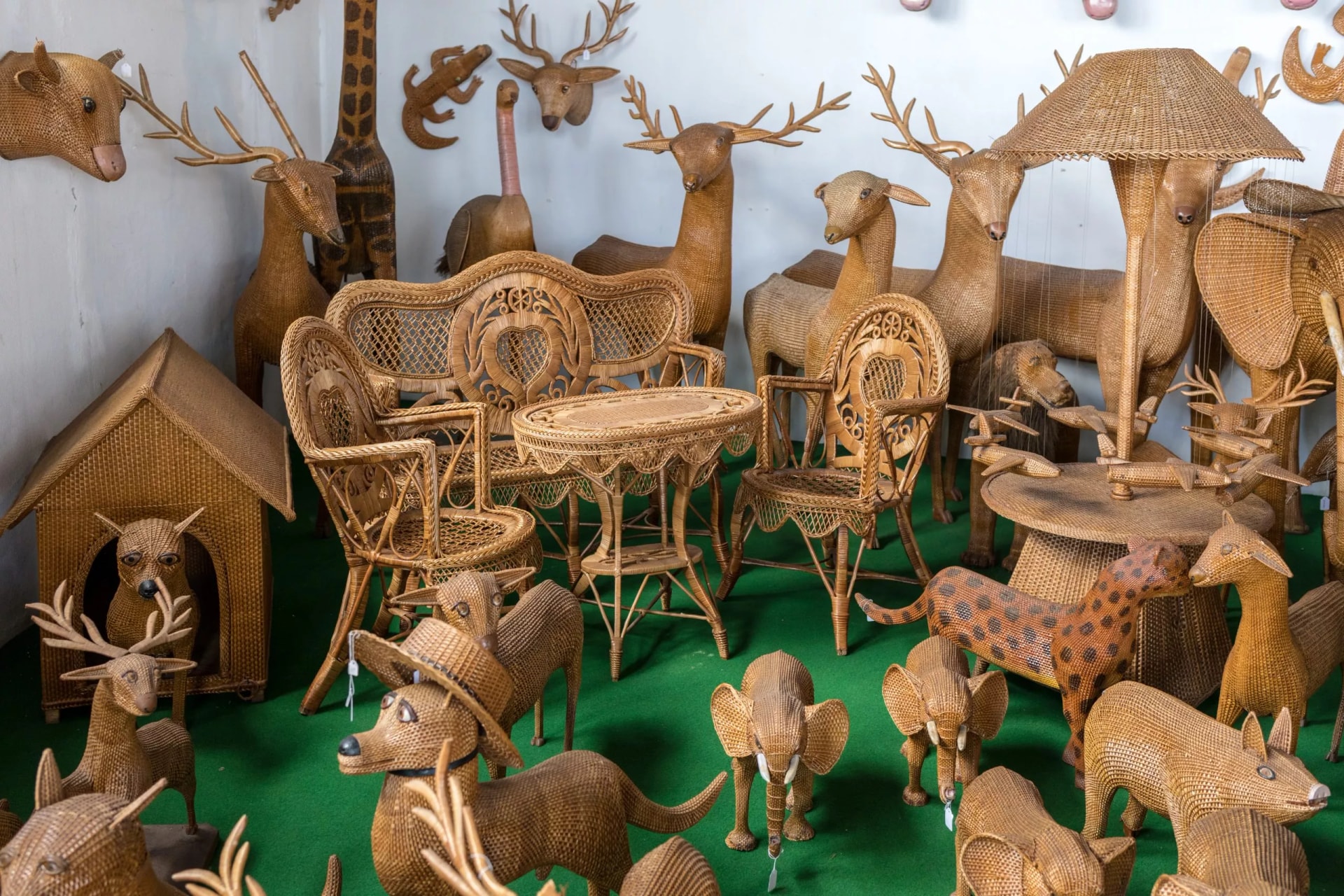 Wicker productss on sale in a factory shop in Camacha on Madeira Island. Portugal