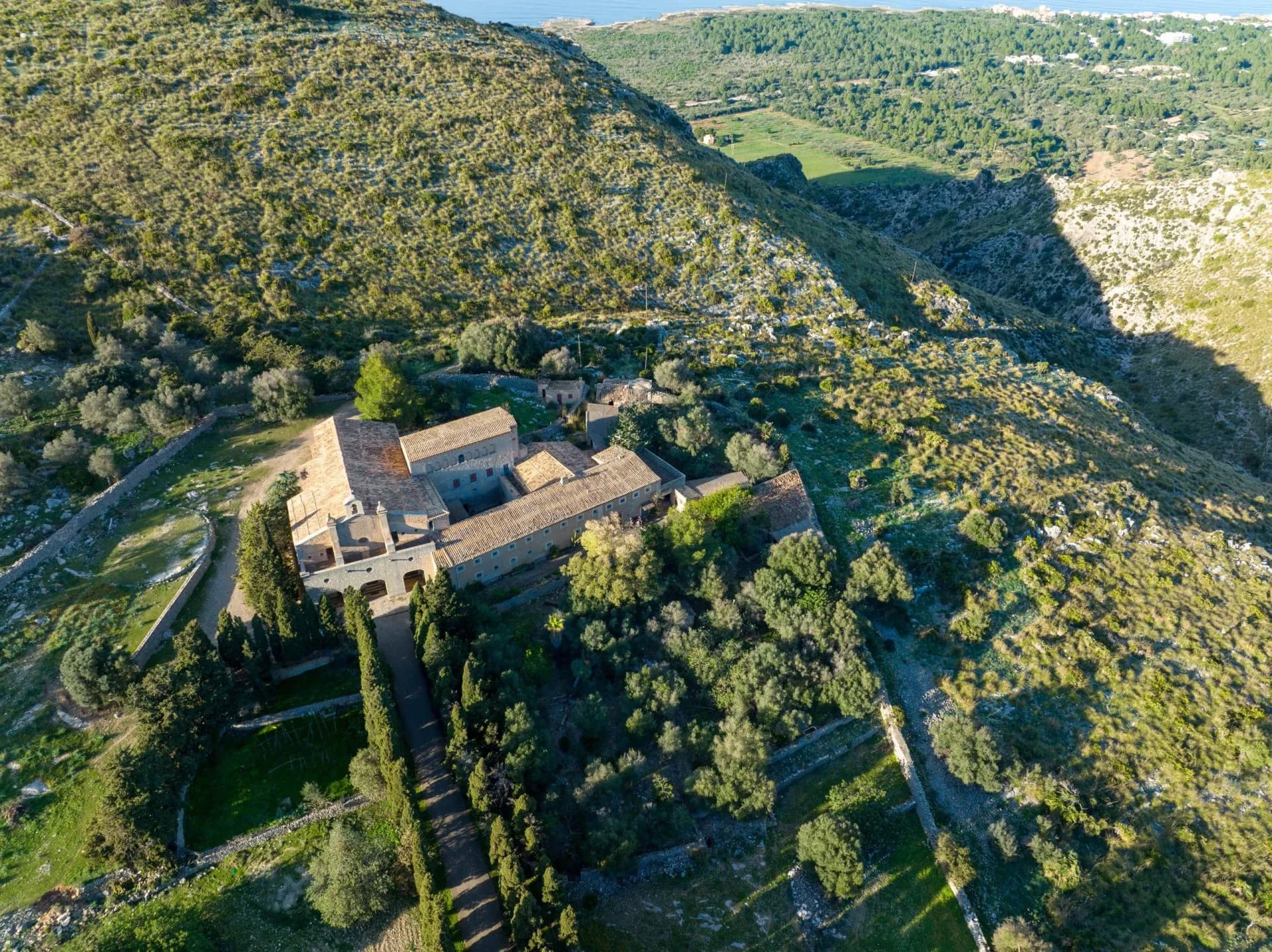 Aerial view, Spain, Balearic Islands, Mallorca, Ermita de Betlem, Parc Natural Peninsula de Llevant, near Artà