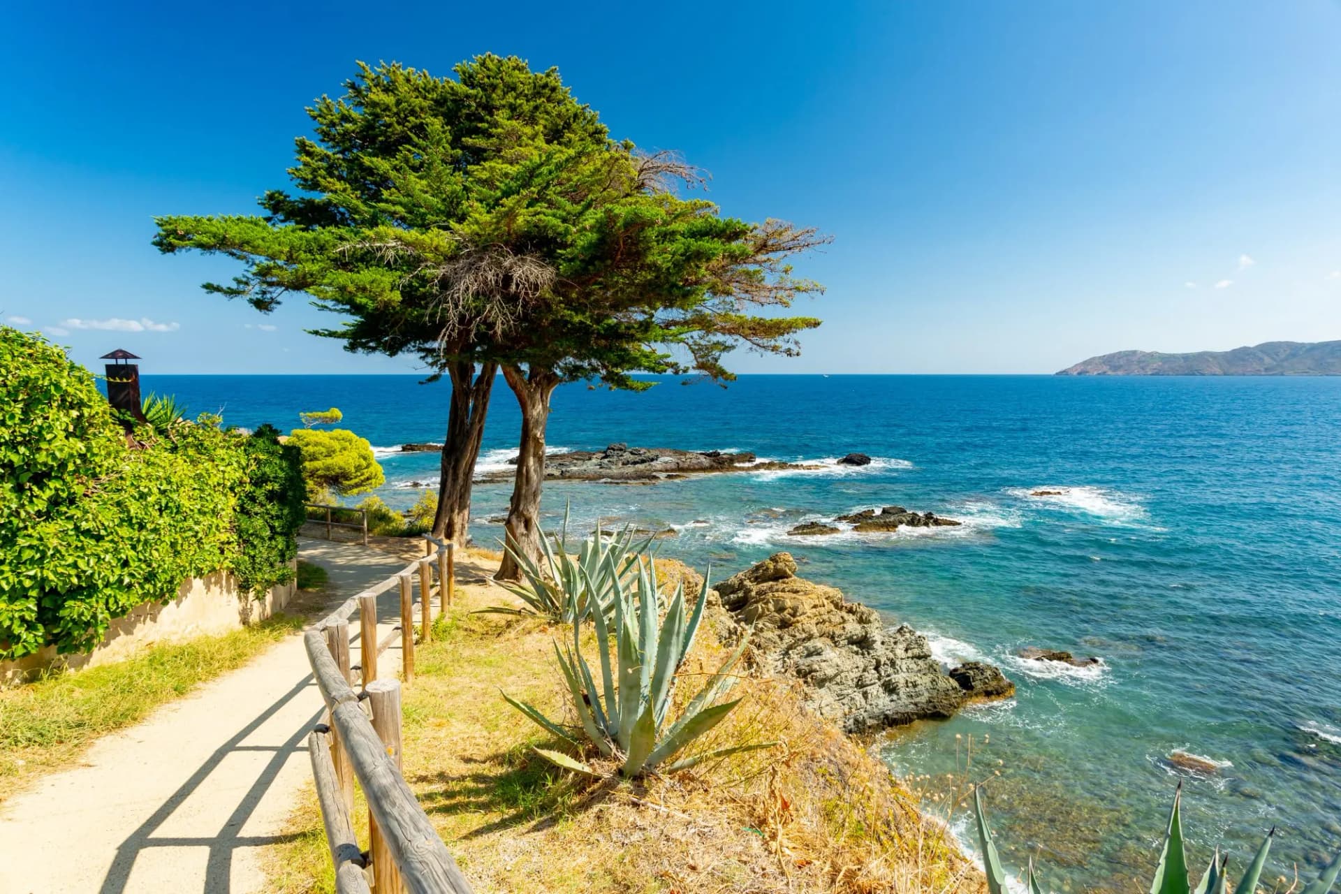 Hiking trail along the Mediterranean shore near Llanca to El Port de la Selva, Spain.