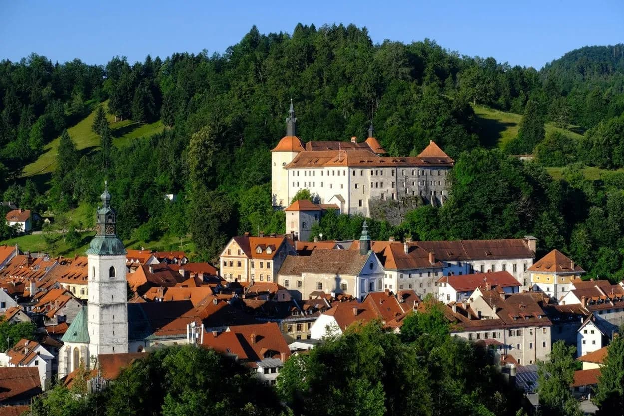 Historic town of Škofja Loka with castle on forested hill and church tower.