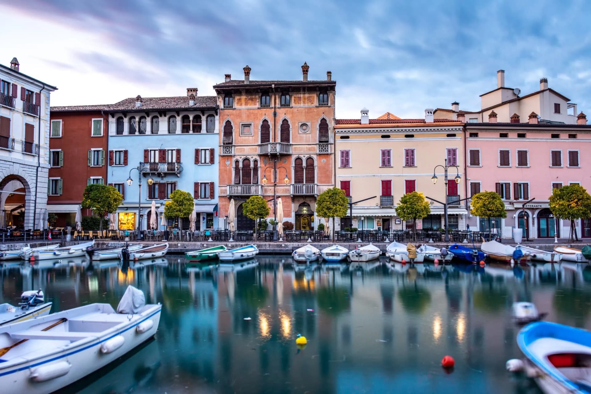 Sunset over marina at Lake Garda in Desenzano, Italy