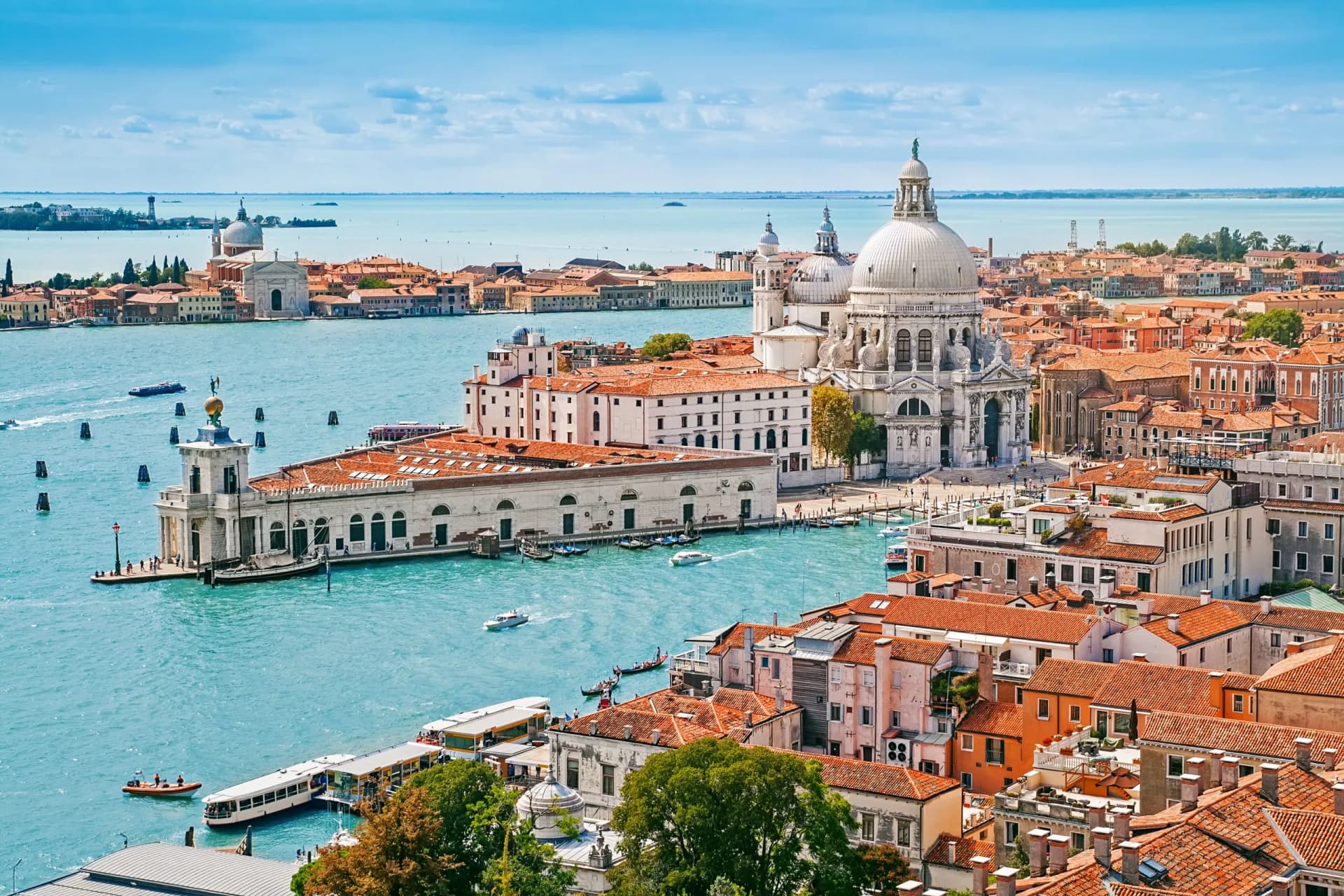 Panoramic aerial cityscape of Venice with Santa Maria della Salute church, Veneto, Italy