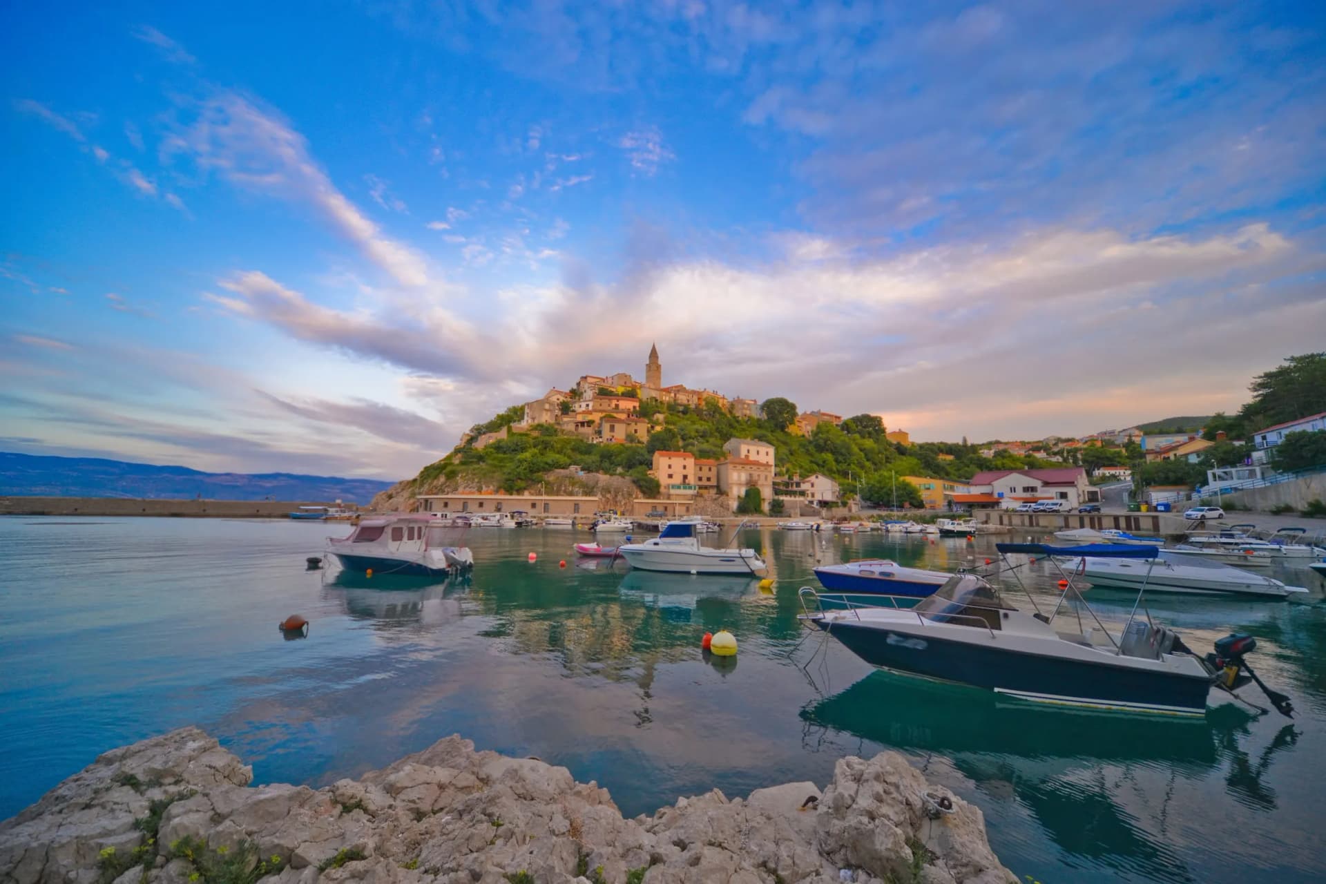 This is a view of croatian town Vrbnik. September 4, 2017. Vrbnik, Croatia.