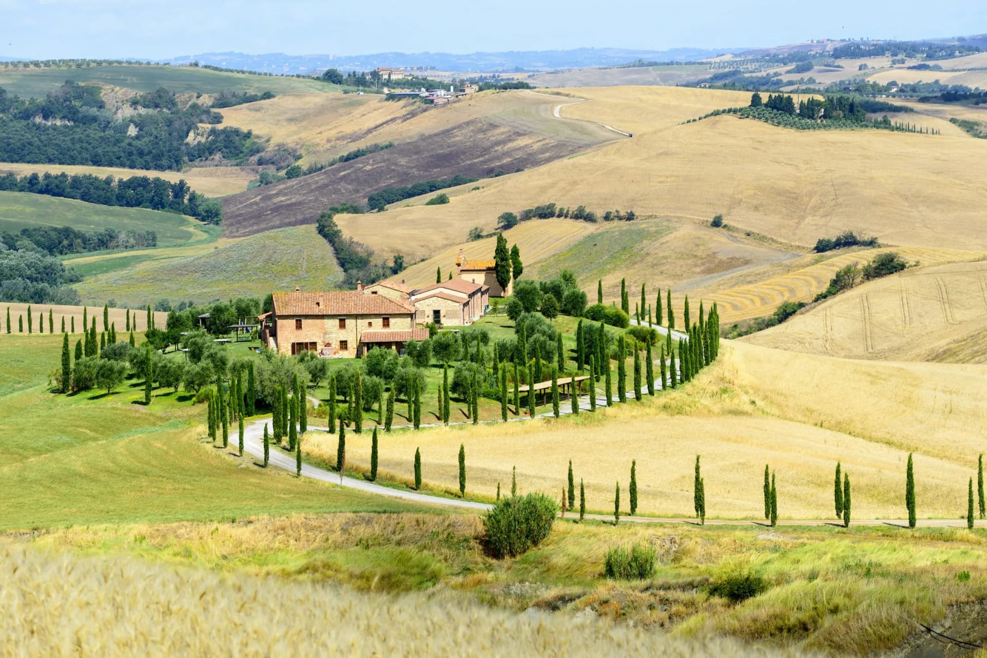 Rolling hills of Crete Senesi with cypress-lined road leading to a Tuscan farmhouse.