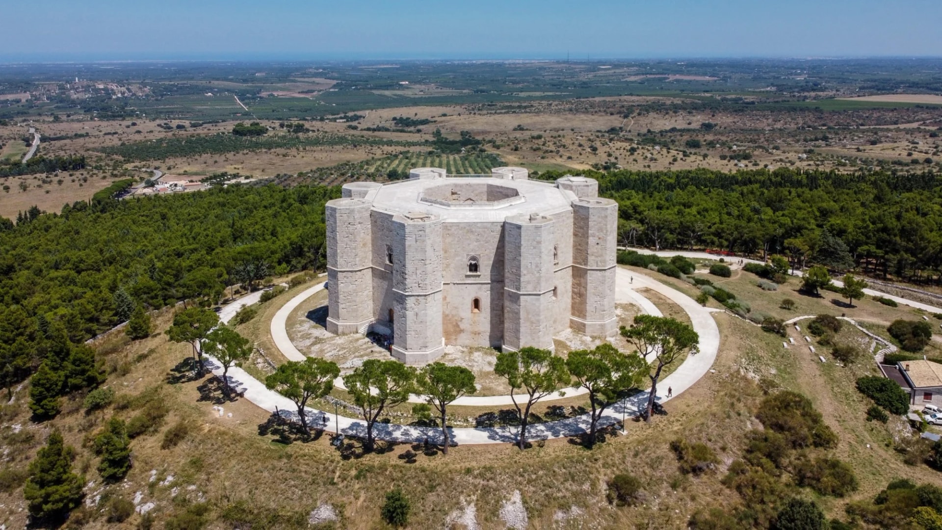 Castel del Monte octagonal fortress on a hill surrounded by trees under a clear blue sky.