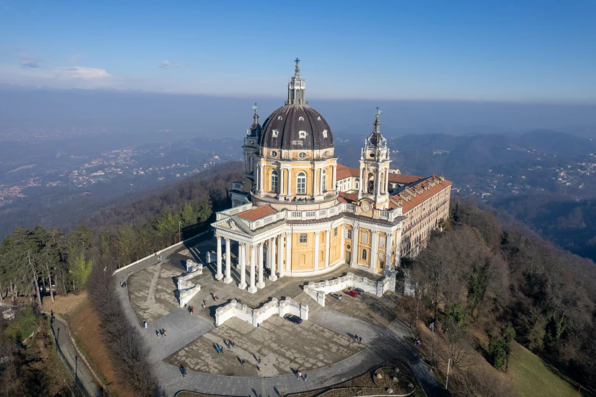 Basilica di Superga overlooking hazy Turin valley from a hilltop setting