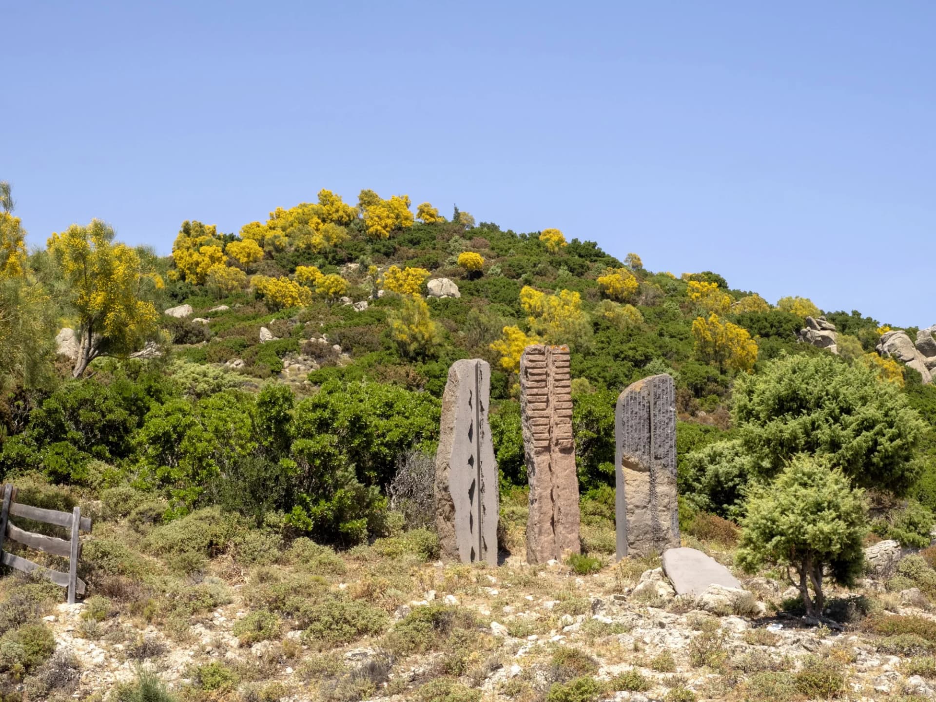 Stone sculptures on arid hillside with green brush and yellow flowering trees under blue sky