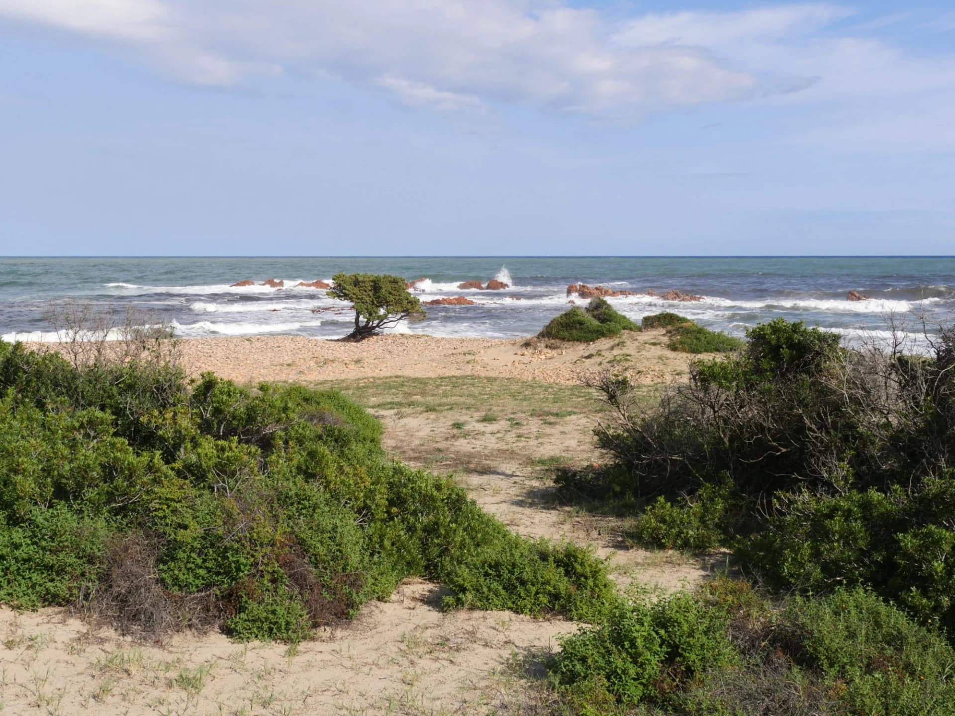 Sandy coastal area with green scrub leading to the sea with waves breaking on rocks.