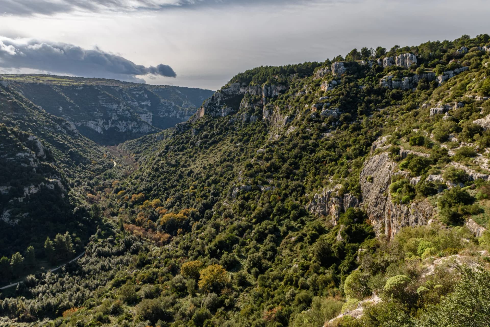 Panoramic view of the Anapo Valley and the Pantalica Plateau near Siracusa in Sicily.