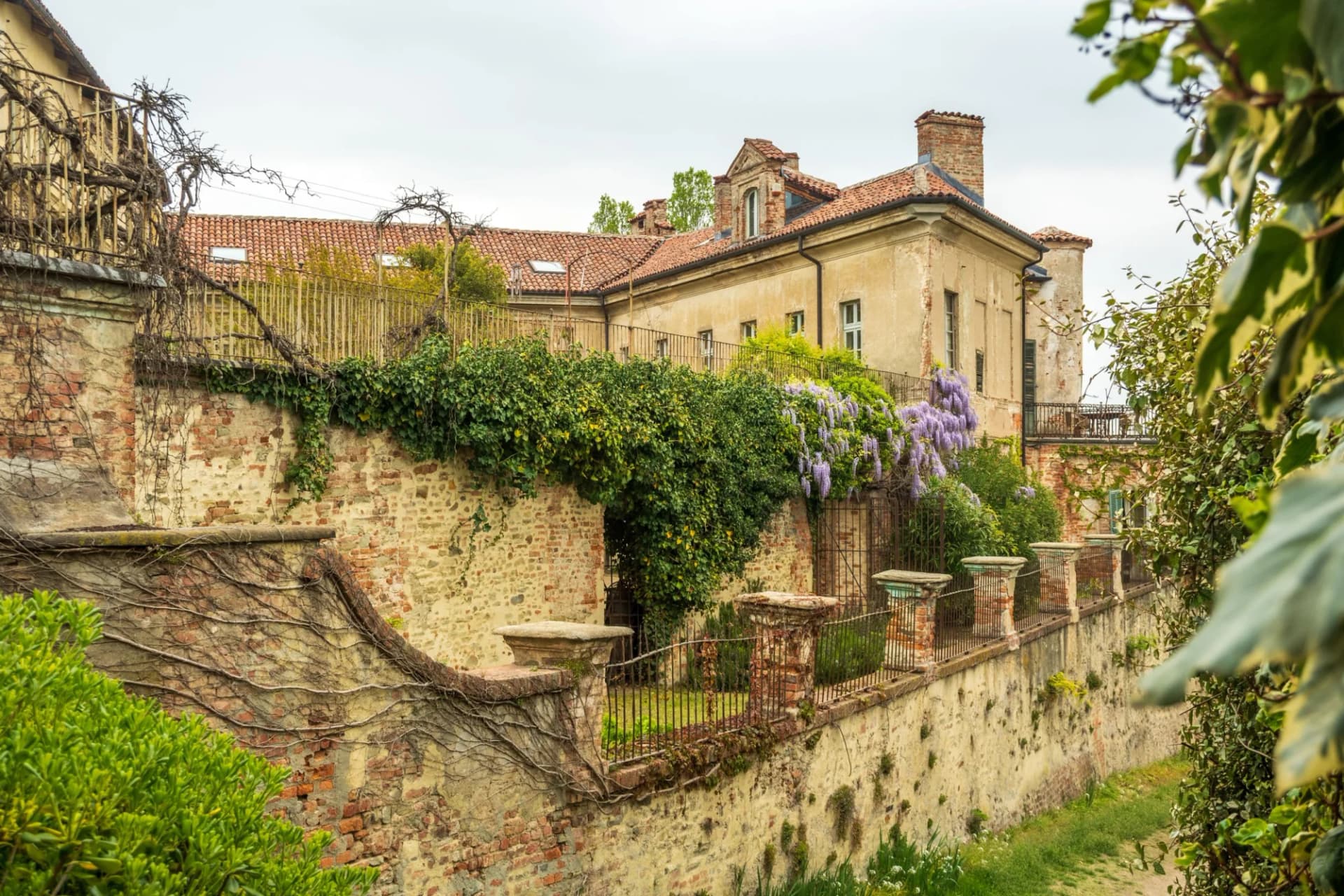 Exterior of San Sebastiano da Po castle in Torino, Italy, with wisteria blooming over stone walls.