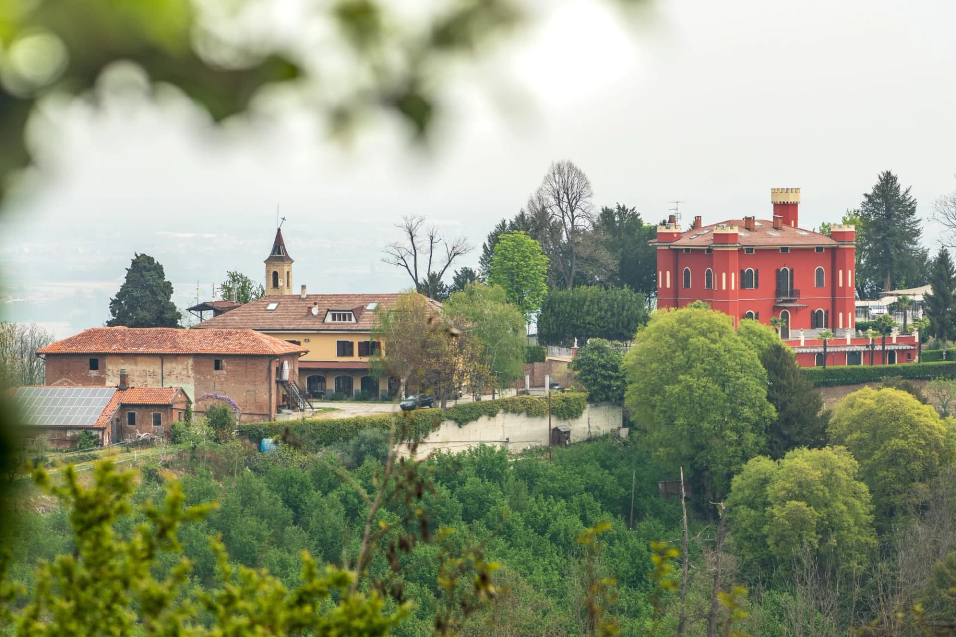 Panoramic view of green hills with San Sebastiano da Po castle in Torino, Piemonte, Italy.