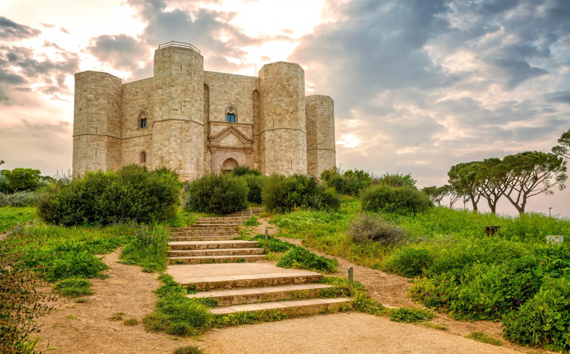 Castel del Monte 13th-century castle in Andria, Apulia, Italy, approached by stone steps.