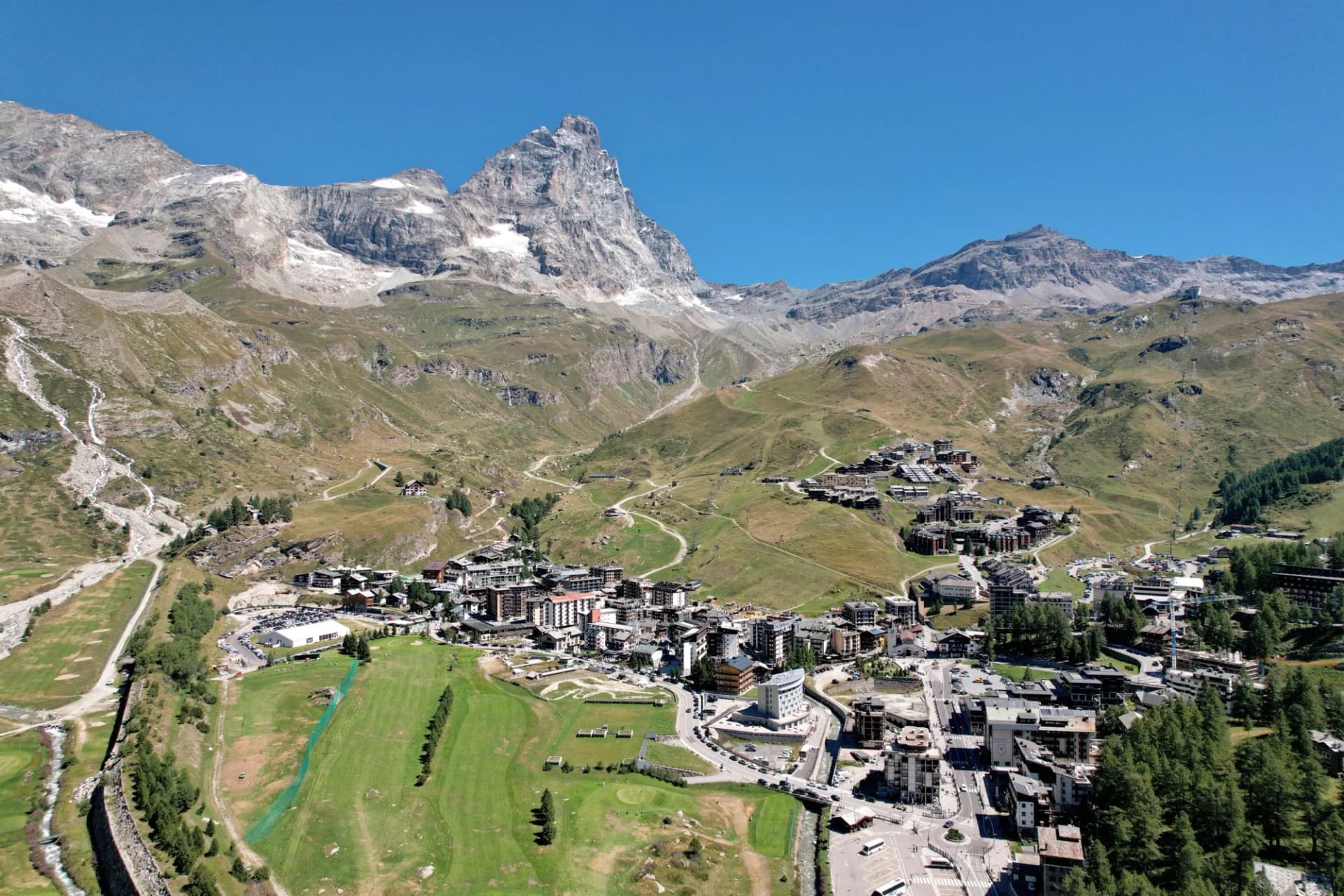 Panoramic view of Breuil-Cervinia village with the Matterhorn mountain in August 2022