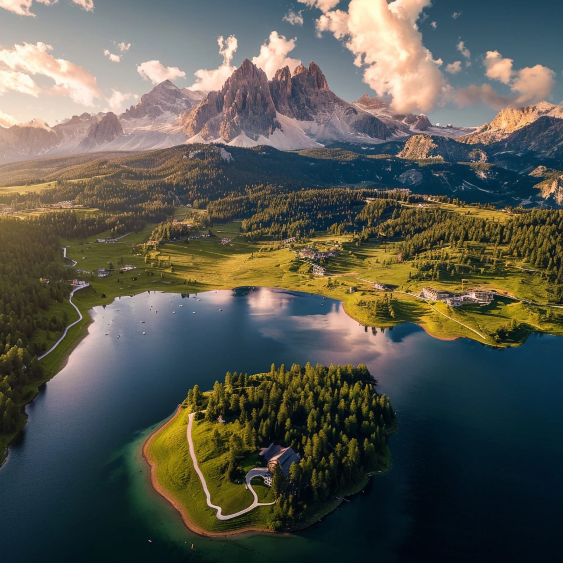 Alpine lake with forested island and jagged mountains under dramatic clouds