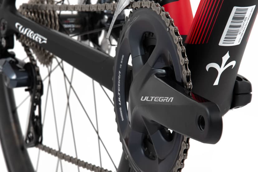 Close-up of Wilier bicycle chainring and drivetrain components with Shimano Ultegra branding.