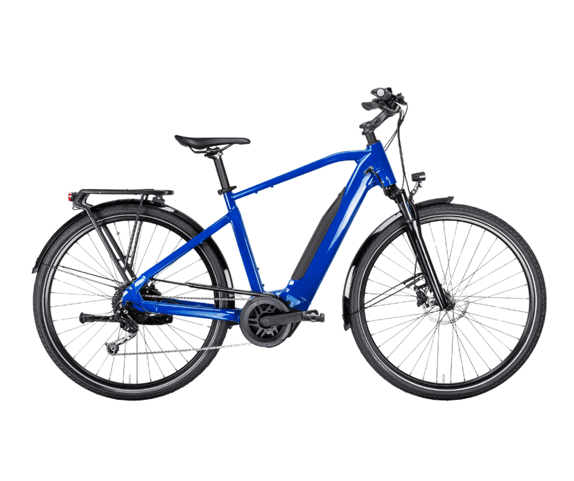 Blue trekking e-bike with rear rack and fenders isolated on white background