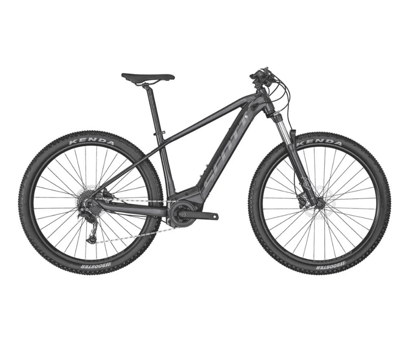 Dark gray Scott Aspect electric mountain bike with Kenda tires against a white background.