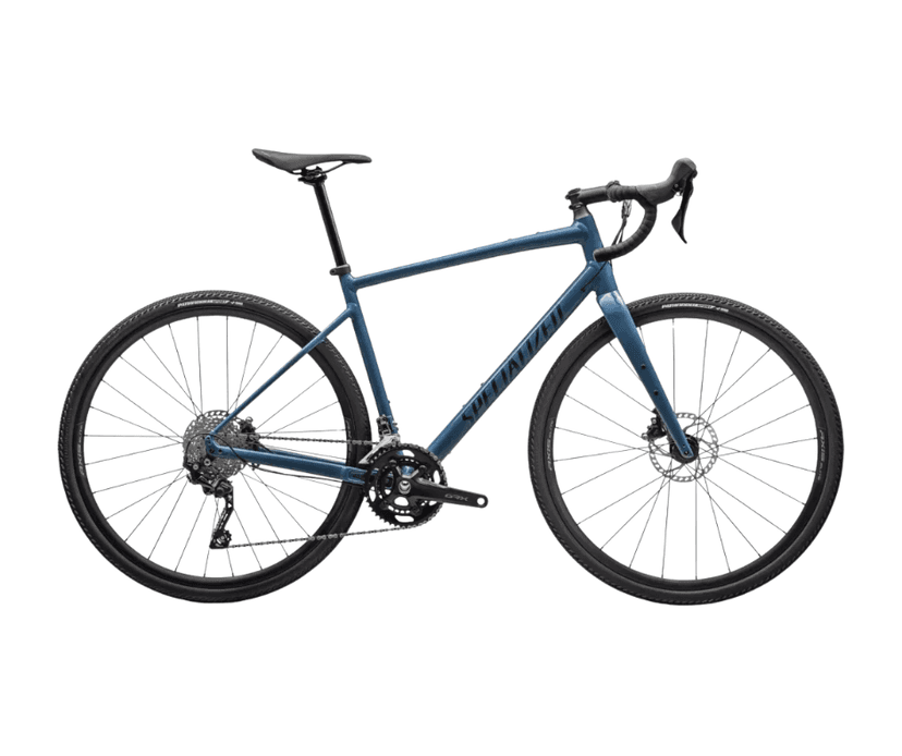 Blue Specialized gravel bike with drop handlebars isolated on a white background