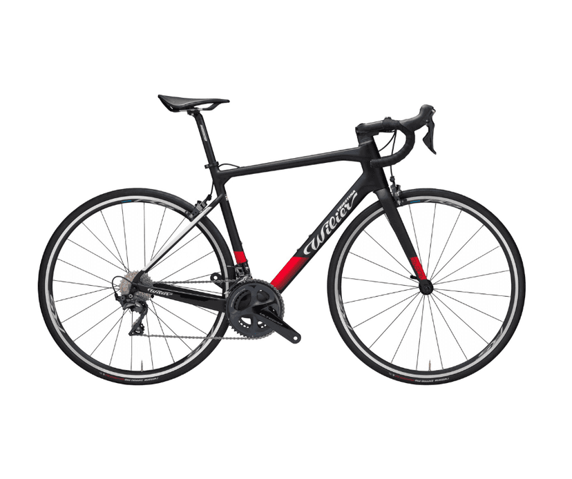 Black and red Wilier road bike isolated on a white background.