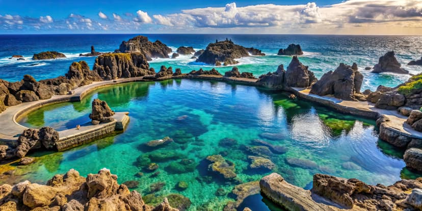 Natural pools formed by volcanic lava filled with sea water in Porto Moniz, Madeira island, Portugal , volcanic