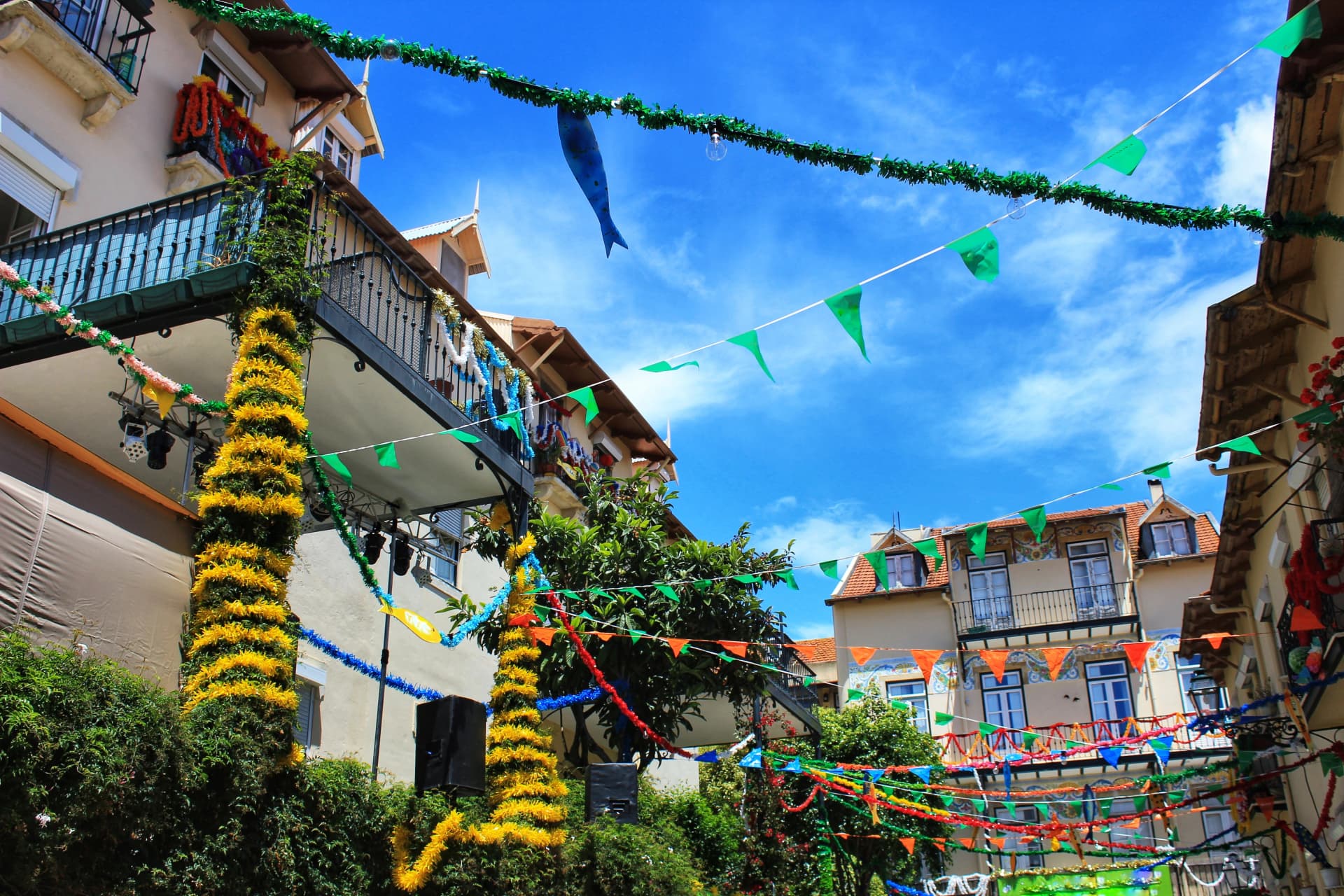 Streets adorned with garlands in Alfama, Lisbon