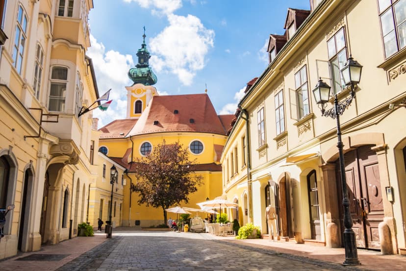 The Carmelite church seen from the street in Gyor, Hungary